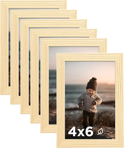 KINLINK 4x6 Picture Frame Wood Grain Set of 6, Wooden Photo Frames with Plexiglass for 4x6 without Mat for Table and Wall Display