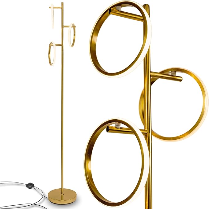 Ozarke Neo Modern Floor Lamp - Mid Century Minimalist Decor Stand Light for Living Room, Bedroom & Home Office, Dimmable Contemporary Tall Lighting with 3 LED Lights - Warm 27000K (Gold)