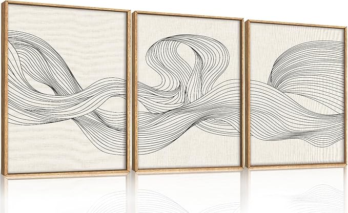 HPNIUB Neutral Abstract Beige Wave Framed Wall Art Set,Minimalist Black Line Wave Wall Decor,Modern Geometric Art Print,Boho Textured Artwork for Living Room, Bedroom,Office-12 x16 x3
