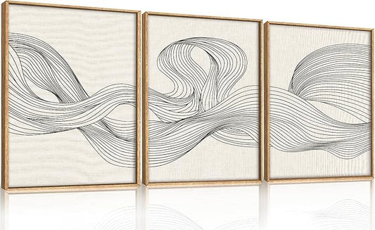 HPNIUB Neutral Abstract Beige Wave Framed Wall Art Set,Minimalist Black Line Wave Wall Decor,Modern Geometric Art Print,Boho Textured Artwork for Living Room, Bedroom,Office-12 x16 x3