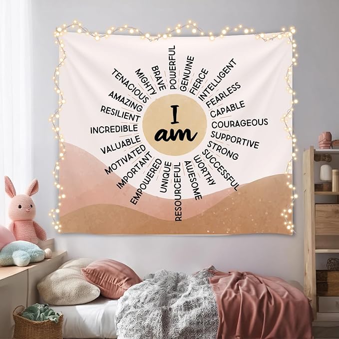 Soft Flannel Wall Tapestry – I Am Kind ,I Am Strong Inspirational Tapestry,Boho Wall Hanging Decor for Bedroom Living Room Kids Room Decor,Birthday Party Wall Art Decoration 59x51 inch (Colorful-You are kind) (Orange-I am)