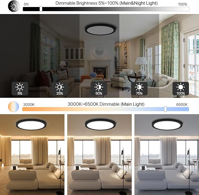 Dimmable LED Flush Mount Ceiling Light Fixture with Remote Control, 24W 2640LM, 12Inch, 2000K Warm Night Light & 3000K-6500K, Modern Super Slim Ceiling Lamp for Bedroom Kitchen, Black, 1 Pack