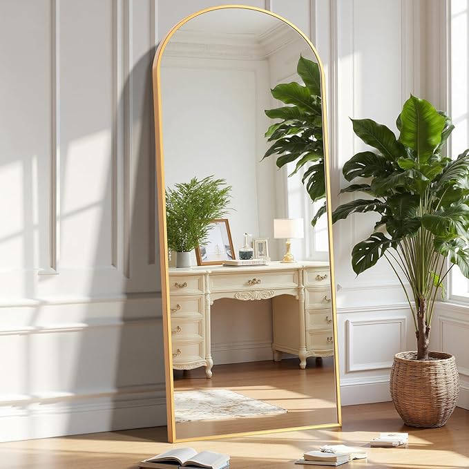 OLIXIS Gold Arched Full Length Mirror 60"x16" for Bedroom, Full Body Mirror with Stand, Hanging or Leaning for Wall, Aluminum Alloy Thin Frame Floor Standing for Living Room
