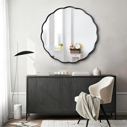 Black Round Wavy Mirror 30 Inch ，Circle Bathroom Vanity Mirror with Mental Frame Modern Decorative Wall Mirror for Living Room Hallway