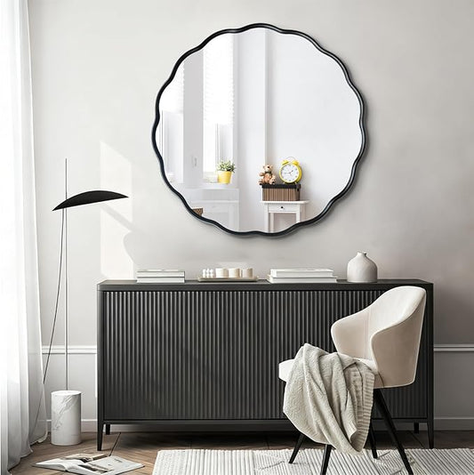 Black Round Wavy Mirror 30 Inch ，Circle Bathroom Vanity Mirror with Mental Frame Modern Decorative Wall Mirror for Living Room Hallway