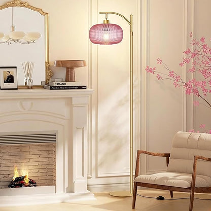 Glass Floor Lamp for Living Room, Modern Tall Standing Lamp with Pink Glass Lamp Shade, Dimmable Gold Tall Floor Lamp for Bedroom Office with Remote Control, 1 x 12W LED Bulbs Included