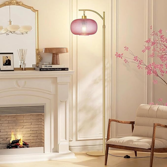 Glass Floor Lamp for Living Room, Modern Tall Standing Lamp with Pink Glass Lamp Shade, Dimmable Gold Tall Floor Lamp for Bedroom Office with Remote Control, 1 x 12W LED Bulbs Included