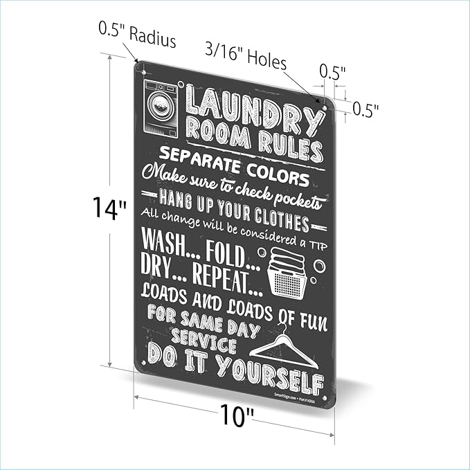 SmartSign Large Laundry Room Rules Sign, “Separate Colors, Check Pockets, Change Considered Tip” Metal Sign, 14 x 10 inch, 40 mil Laminated Rustproof Aluminum, Chalkboard Pattern Background, USA-Made
