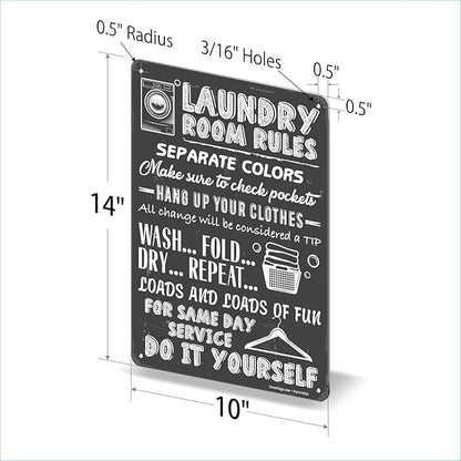 SmartSign Large Laundry Room Rules Sign, “Separate Colors, Check Pockets, Change Considered Tip” Metal Sign, 14 x 10 inch, 40 mil Laminated Rustproof Aluminum, Chalkboard Pattern Background, USA-Made