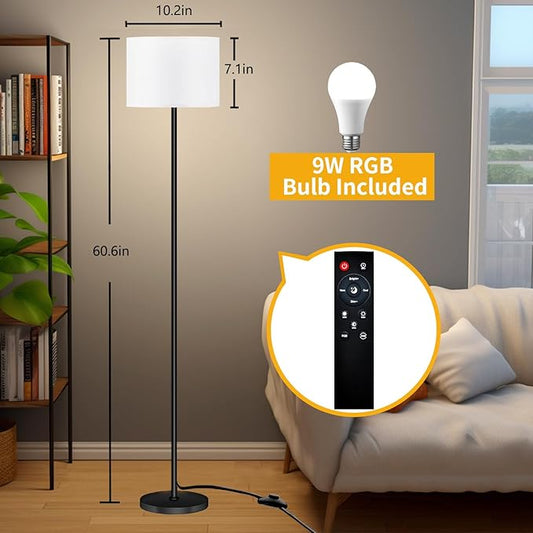 Qaubauyt Smart LED Floor Lamp with APP Control & RGB Colors - Dimmable Standing Lamp for Living Room, Bedroom, Gaming - Remote, Timer, 9W Bulb Included, 60.6" Modern Tall Lamp (White)