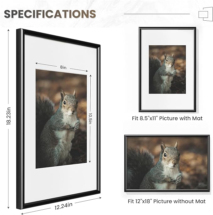 Fun Memories Black Picture Frame 12x18, 12 x 18 Aluminum Photo Frames for Wall, Metal 12x18 Frame Matted to 8.5x11, 12 by 18 Poster Frame with Tempered Real Glass, Modern Wall Gallery Frame Sets