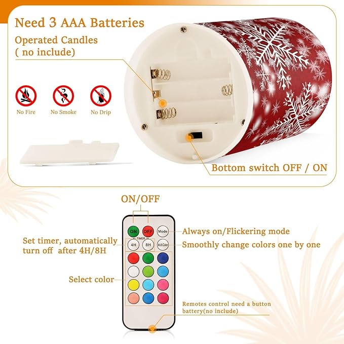 Christmas Lights Decorations Flameless Candles Christmas Background with Snowflakes Red Pillar Candles Set of 2 Battery Operated Remote Control Warm Lights