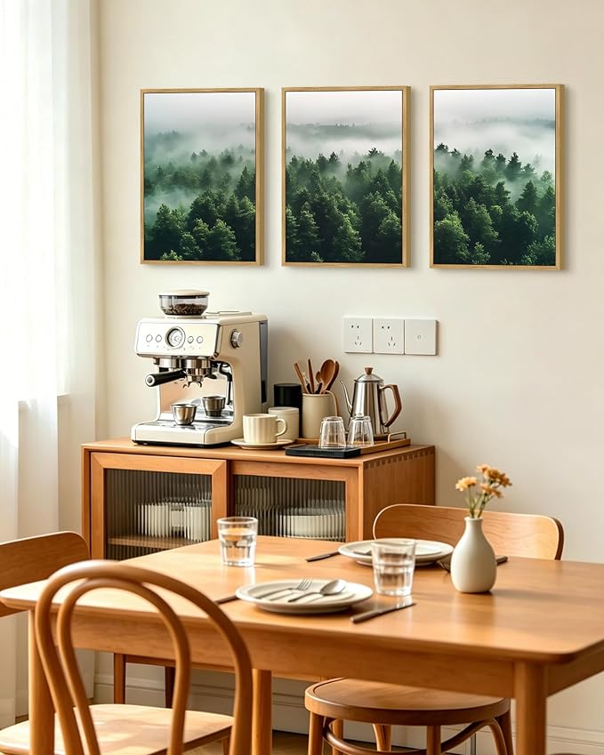 PHOPAGO Green Fog Pine Tree Framed Wall Art Nature Misty Nordic Forests Artwork Morden Paints Bedroom Living Room Home Decor - 12x16in Natural Framed