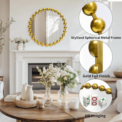 Round Gold Mirror 24'', Spherical Frame Vintage Beaded Mirror for Wall Decor Large Circle Mirror for Bathroom, Dining Roon, Bed Room, Entryway