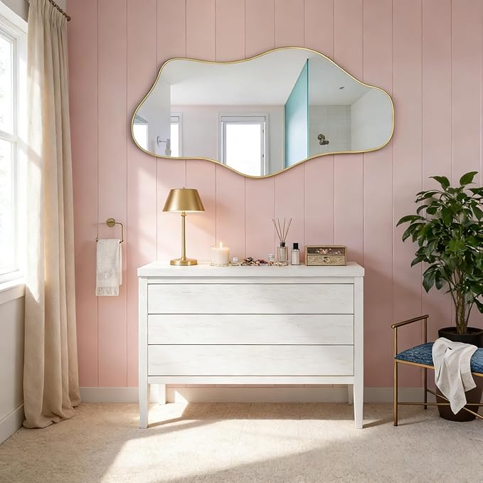 Gold Irregular Mirror, 47.2"x24" Asymmetrical Tempered Glass Mirror, Modern Abstract Frameless Wall Mirrors for Living Room Bedroom Hallway Entryway, Hangs Vertically or Horizontally