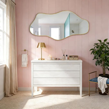 Gold Irregular Mirror, 47.2"x24" Asymmetrical Tempered Glass Mirror, Modern Abstract Frameless Wall Mirrors for Living Room Bedroom Hallway Entryway, Hangs Vertically or Horizontally
