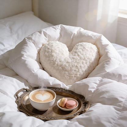 16" Creamy Pearl White Heart Pillow, Luxury 600GSM Rose Textured Faux Rabbit Fur, Super Matte Soft Aesthetic Decorative Throw Pillow for Couch Bed Sofa, Neutral Home Decor Heart Cushion