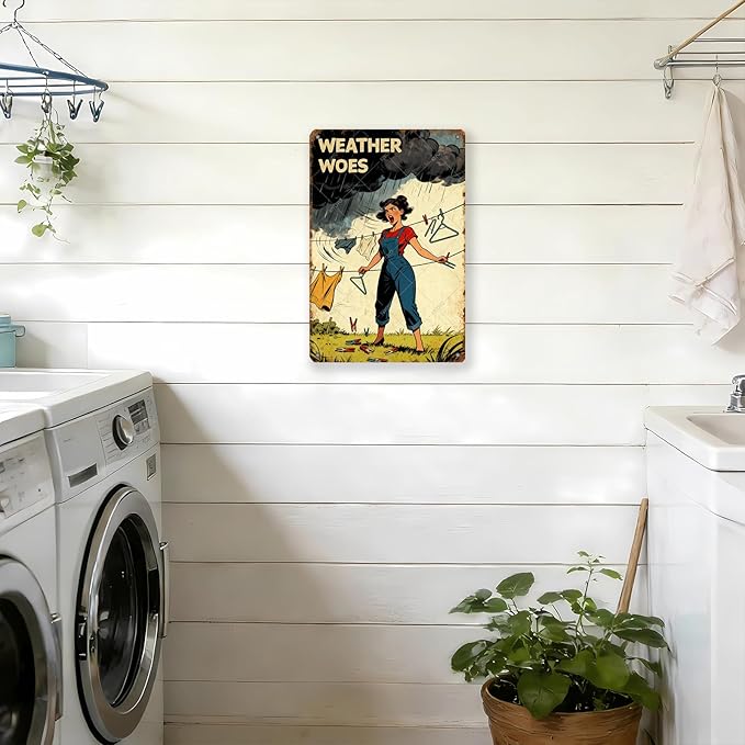 Weather Woes Laundry Tin Sign Vintage Metal Plaque Funny Sarcastic Retro Housewife Design Laundry Room Wall Art Kitchen Home Decor Rustic Farmhouse Gift 16x12 Inch