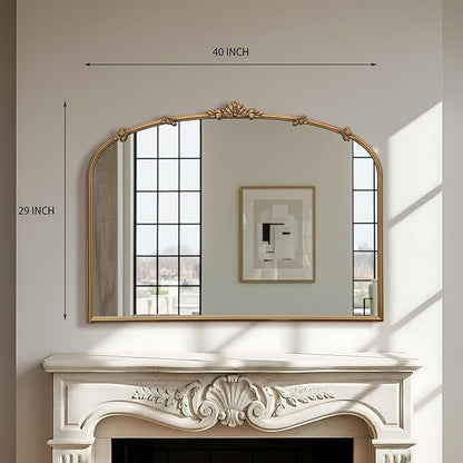 Besdomus Large Vintage Gold Mirror: 40"x29" Traditional Ornate Antique Arched Mirror - French Baroque Decorative for Wall/Mantel/Bedroom/Entryway/Bathroom/Hallway - Home Decor for Fashion-Conscious