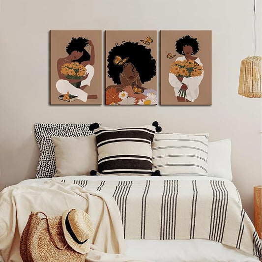 Black Woman Canvas Wall Art Set of 3 - Boho Black Girl Sunflower Posters African American Pictures Fashion Flower Art Prints for Nordic Minimalist Room Bedroom Wall Decor 16”x24”x3 Framed