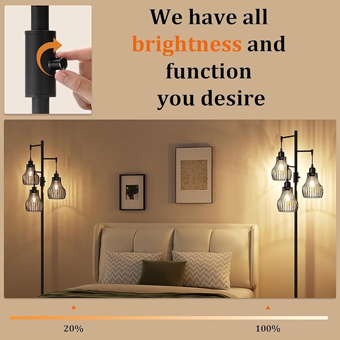 Ziisee Dimmable Floor Lamp, 3 x 800LM LED Edison Bulbs Included, Farmhouse Industrial Floor Lamp Standing Tree Lamp with Elegant Cage Tall Lamps for Living Room Bedroom Office - Black