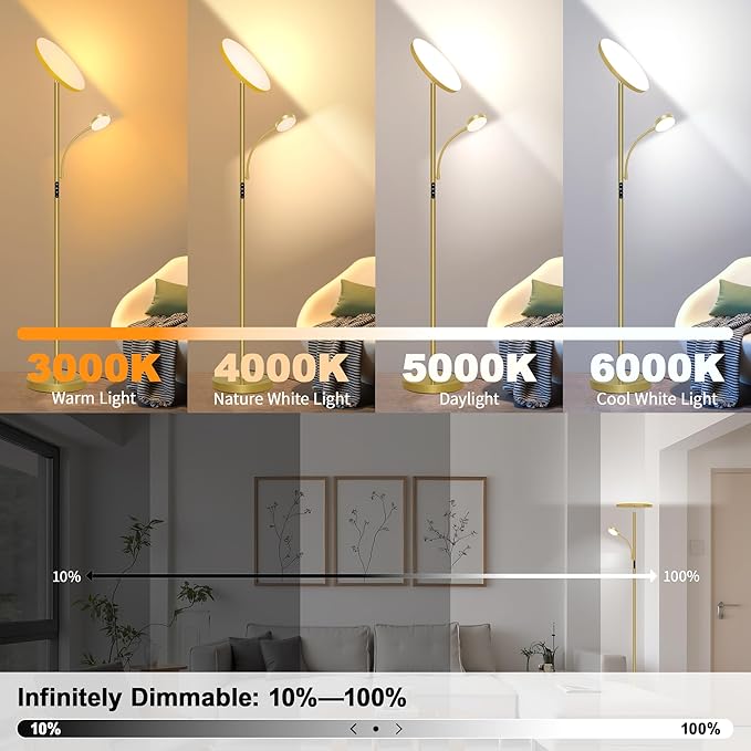 Floor Lamp-42W/4200LM Super Bright Floor Lamp,Dimmable 2-in-1 LED Floor Lamp for Bedroom,Torchiere Floor Lamps with Remote & Touch Control,69" Tall Standing Lamp for Living Room,Office,Reading,Gold