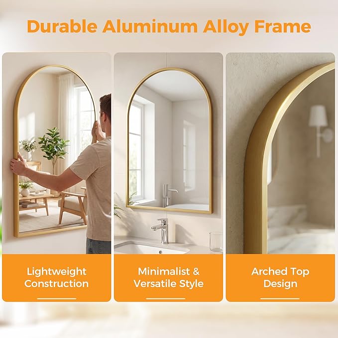 OLIXIS 24x36 Inch Arched Gold Bathroom Mirror for Over Sink, Wall Mirror, Arch Bathroom Vanity Mirror with Matte Metal Frame and Tempered Glass for Home Decor, Living Room, Shatterproof&Crystal-Clear