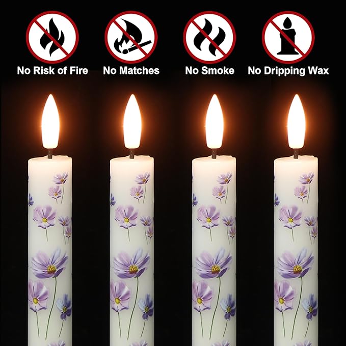Flickering Flameless Taper Candles with Remote and Timer, 4 Pack Real Wax Battery Operated LED Taper Candles 3D Wick Purple Flower Decal Dinner Wedding Spring Home Decor(0.75" D x 9.65" H)