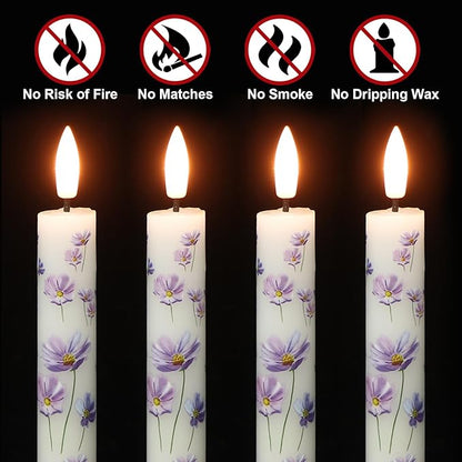 Flickering Flameless Taper Candles with Remote and Timer, 4 Pack Real Wax Battery Operated LED Taper Candles 3D Wick Purple Flower Decal Dinner Wedding Spring Home Decor(0.75" D x 9.65" H)
