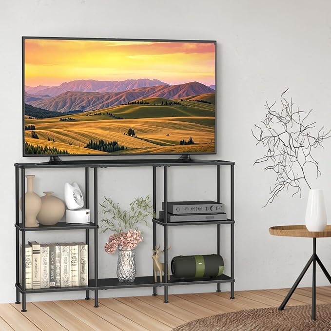 TV Stands for Living Room, Black TV Stand for 50 Inch TV, Tall Entertainment Center with 3 Tier Open Storage,TV Console Table for Bedroom, Media Cabinet with Shelves for 50 43 40 32 Inch TV, Black