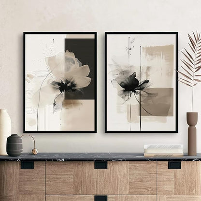 Modern Abstract Floral Wall Art Minimalist Neutral Canvas Painting Decor Beige Cream And Black Wall Art Contemporary Flower Picture Prints for Living Room Bedroom 12x16 Inch Unframed Set of 2