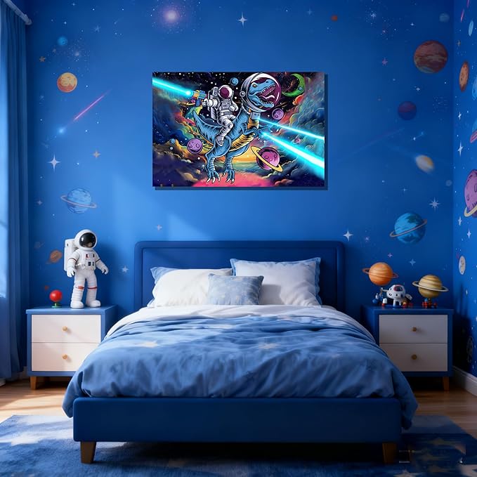 16x24 Space Astronaut Dinosour Star Wars Canvas Wall Art Watercolor Framed Prints Teen Boy T-Rax in Galaxy Cosmic Home Decor Painting Kids Bedroom Picture Child Room Funny Poster Kids Bathroom Photo