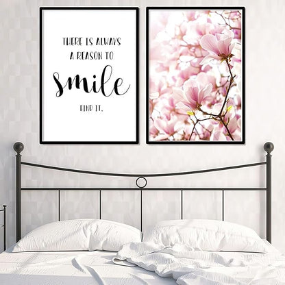 Framed Scandinavian Flower Canvas Poster Pink Magnolia Floral Print Painting Nordic Smile Quote Art Wall Pictures for Living Room Office Bedroom Home Decor -3 Pack (12 X 16Inch)