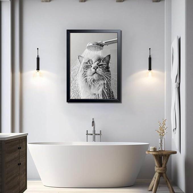XYHYRA Cute Cat Bathroom Decor Funny Animal Bathroom Wall Art Cat Bathing Wall Decor Poster Painting Black and White Canvas Print Artwork Modern Farmhouse Restroom Home Decoration 12x16 Inch Wood Framed