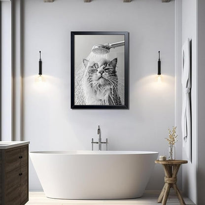 XYHYRA Cute Cat Bathroom Decor Funny Animal Bathroom Wall Art Cat Bathing Wall Decor Poster Painting Black and White Canvas Print Artwork Modern Farmhouse Restroom Home Decoration 16x24 Inch Wood Framed