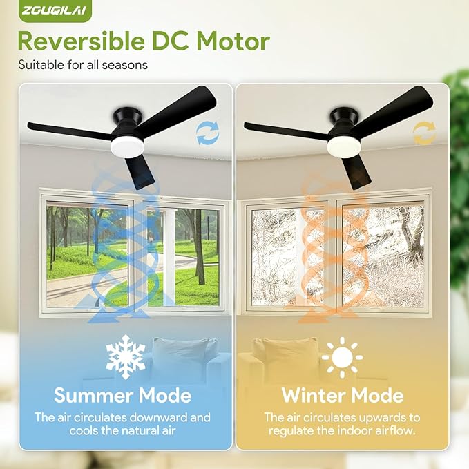 2 Pack 42" Black Ceiling Fans with Lights and Remote, Low Profile Ceiling Fan with Light, Reversible DC Motors, 3CCT Dimmable Timer Noiseless, Flush Mount Ceiling Fan for Bedroom/Living Room