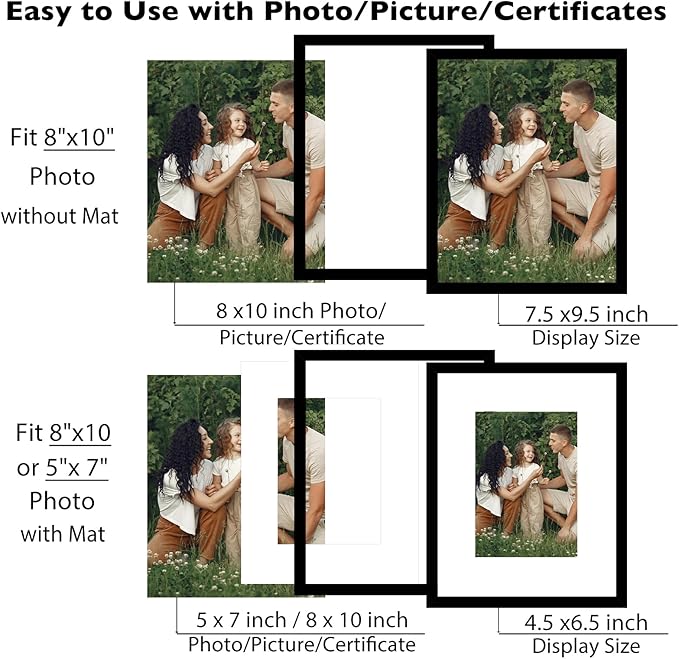 JCJMY 8x10 Picture Frame with 5x7 Mat Set of 6, Display Photo 5x7 with Mat or 8x10 without Mat, 8 by 10 Wall Poster Photo Frame with Shatter Resistant Plexiglass for Wall or Tabletop, 6 Pack, Black