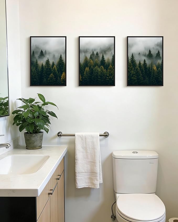 Drsoum Fog Pine Tree Landscape Wall Art Framed Nature Misty Nordic Forests Prints Morden Farmhouse Rustic Artwork Hallway Bathroom Ready to Hang 11x14in Black Framed