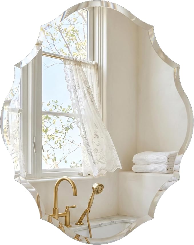 Frameless Wall Mirror 28x22 Inch, Decorative Scalloped Vanity Mirror with Beveled Edge for Bathroom, Entryway & Bedroom