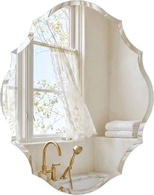 Frameless Wall Mirror 28x22 Inch, Decorative Scalloped Vanity Mirror with Beveled Edge for Bathroom, Entryway & Bedroom