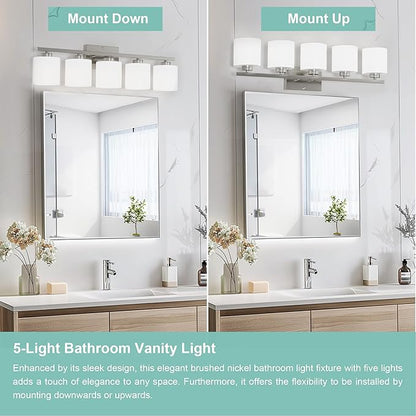 Honesorn Modern Vanity Lights - 5-Light Bathroom Fixture with Frosted Shade & Anti-Rust Nickel Finish