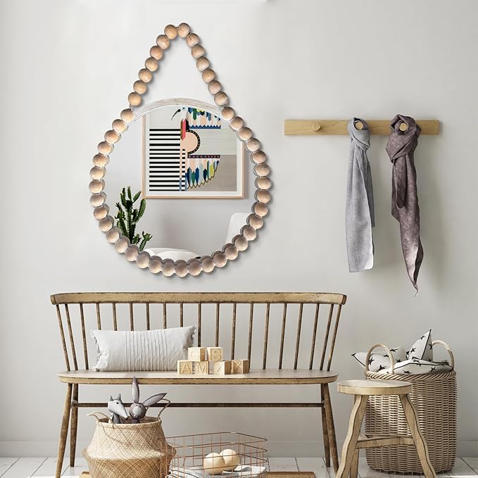 POZINO Wood Beaded Round Wall Mirror, 24" Farmhouse Hanging Rustic Mirror with Rope, Spherical Frame for Bathroom Bedroom Living Room Hallway Entryway Fireplace