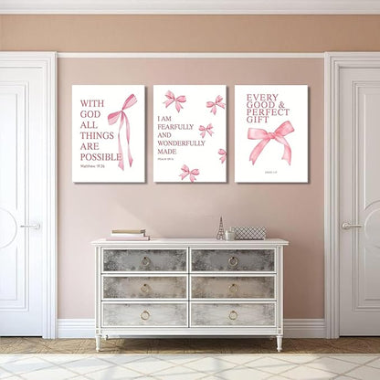 Coquette Pink Bow Canvas Wall Art Set of 3 Inspirational Bible Verses Decor Posters Pictures Prints Aesthetic for Girls Room College Apartment Living Room Bedroom Framed 16x24 Inch