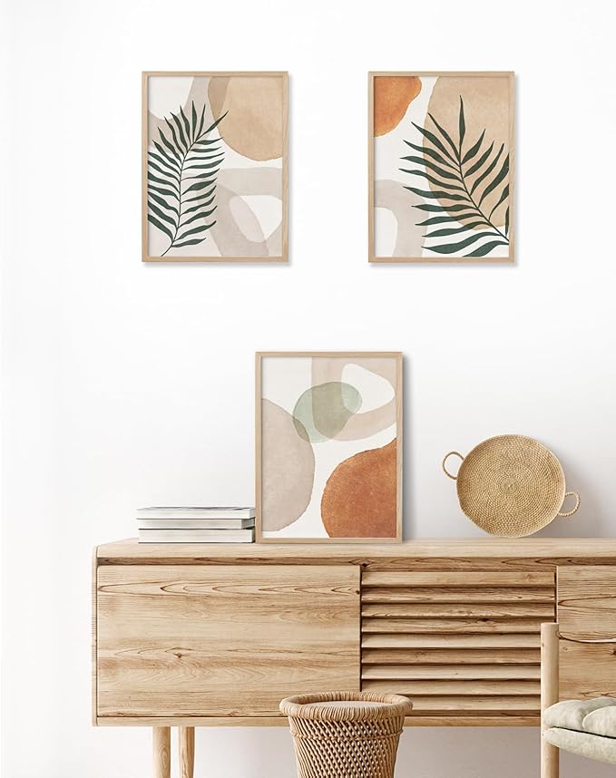 HesenDot Unframed Neutral Boho Wall Art Set of 3, 12x16in Botanical Leaves Abstract Geometric Canvas Posters, Minimalist Modern Aesthetic Wall Decor for Bedroom Living Room Home
