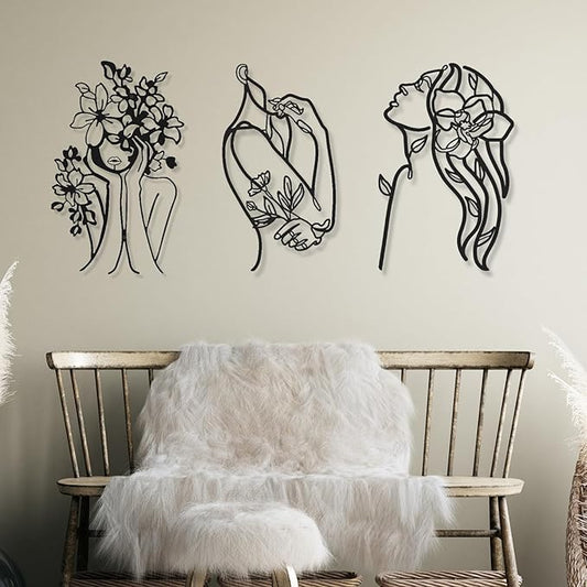 Photect 3 Pcs Metal Wall Art Decor Minimalist Abstract Woman Wall Art Metal Modern Line Drawing Decor Female Single Line Home Hanging for Bedroom Bathroom Living Room Housewarming(Stylish,Black)