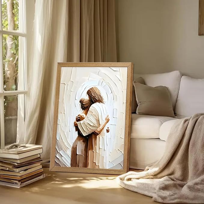 Framed Jesus Hugging Woman Canvas Wall Art God & Girl Wall Decor Safe in His Arms Pictures Modern Christian Healing Embrace Mormon Prints Posters Artwork for Living & Prayer Room Bedroom Decor 12x16in