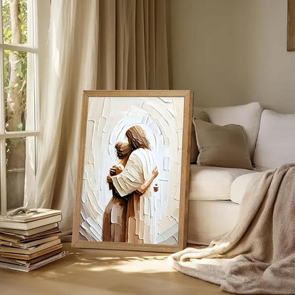 Framed Jesus Hugging Woman Canvas Wall Art God & Girl Wall Decor Safe in His Arms Pictures Modern Christian Healing Embrace Mormon Prints Posters Artwork for Living & Prayer Room Bedroom Decor 12x16in