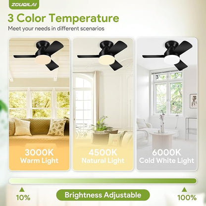 26" Black Ceiling Fans with Lights and Remote, Low Profile Ceiling Fan with Light, Reversible DC Motors, 3CCT Dimmable Timer Noiseless, Flush Mount Ceiling Fan for Bedroom/Living Room