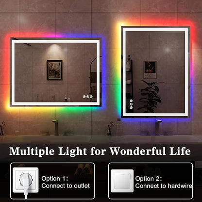 WTTY LED Bathroom Mirror 40"x30" with RGB Backlit and Front Light,Stepless Dimmable LED Mirror for Bathroom,Lighted Bathroom Vanity Mirror,Anti-Fog,Memory Function,Shatter-Proof,Wall Mounted