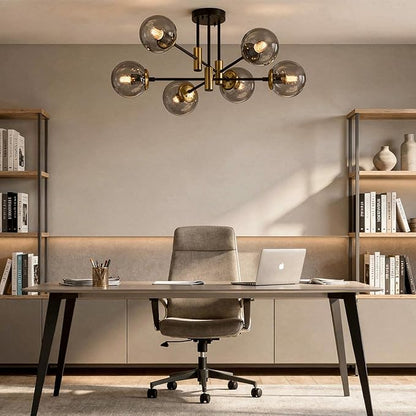 6-Light Sputnik Chandelier Modern Matte Black and Gold Ceiling Light, Glass Globe Hanging Light Fixture for Dining Room, Kitchen Island, Bedroom, Living Room